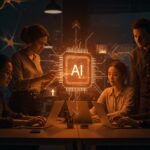 Generalistas empoderados por IA colaborando en startups tech, impulsando la adopción y crecimiento ágil con vibe work.