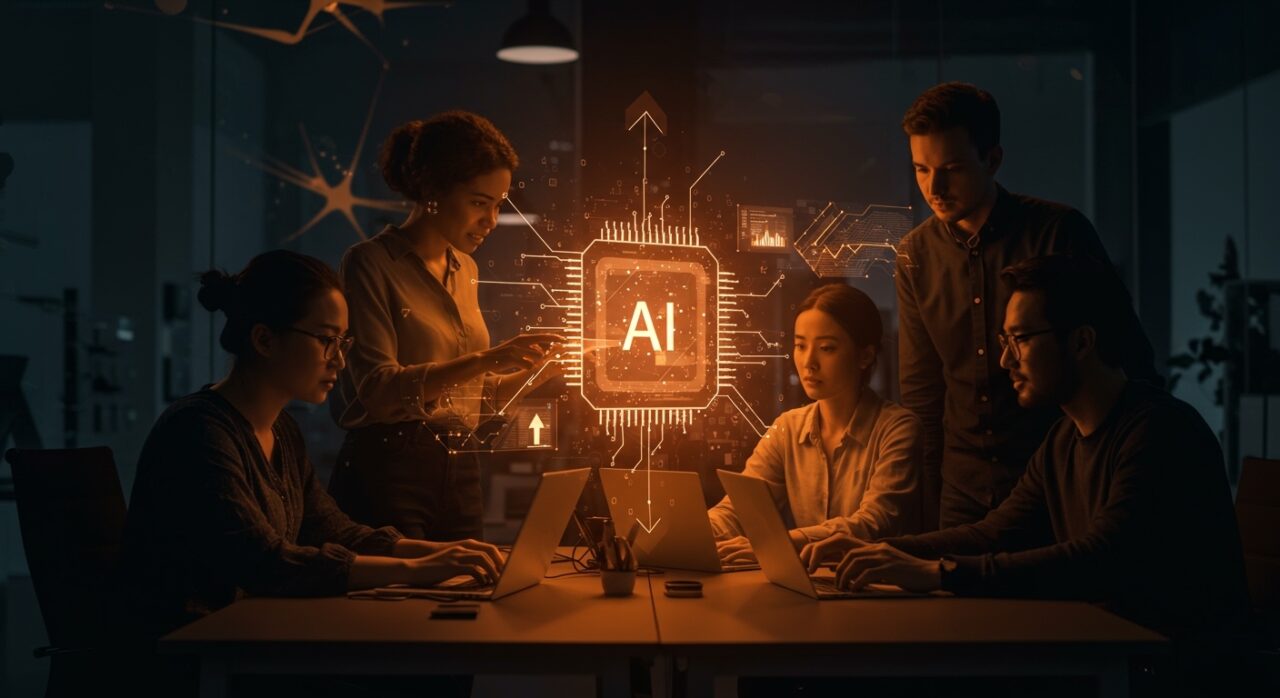 Generalistas empoderados por IA colaborando en startups tech, impulsando la adopción y crecimiento ágil con vibe work.