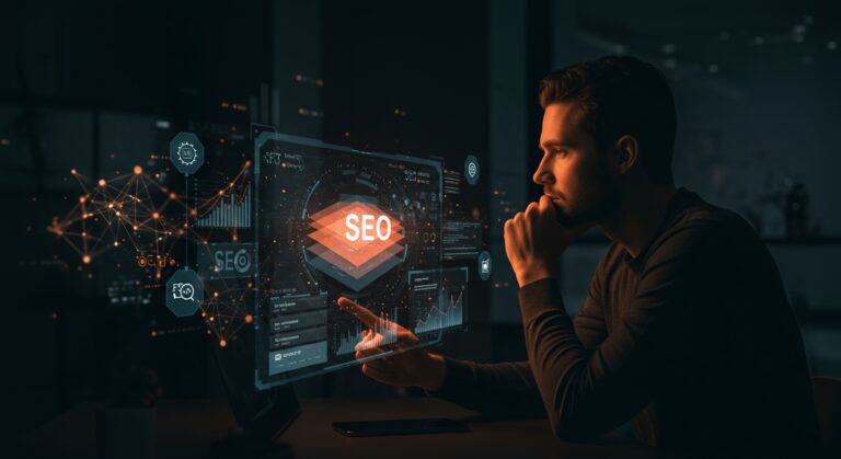 Fundador analizando estrategia SEO con IA generativa y optimización GEO en un entorno digital futurista con paleta de Ecosistema Startup.