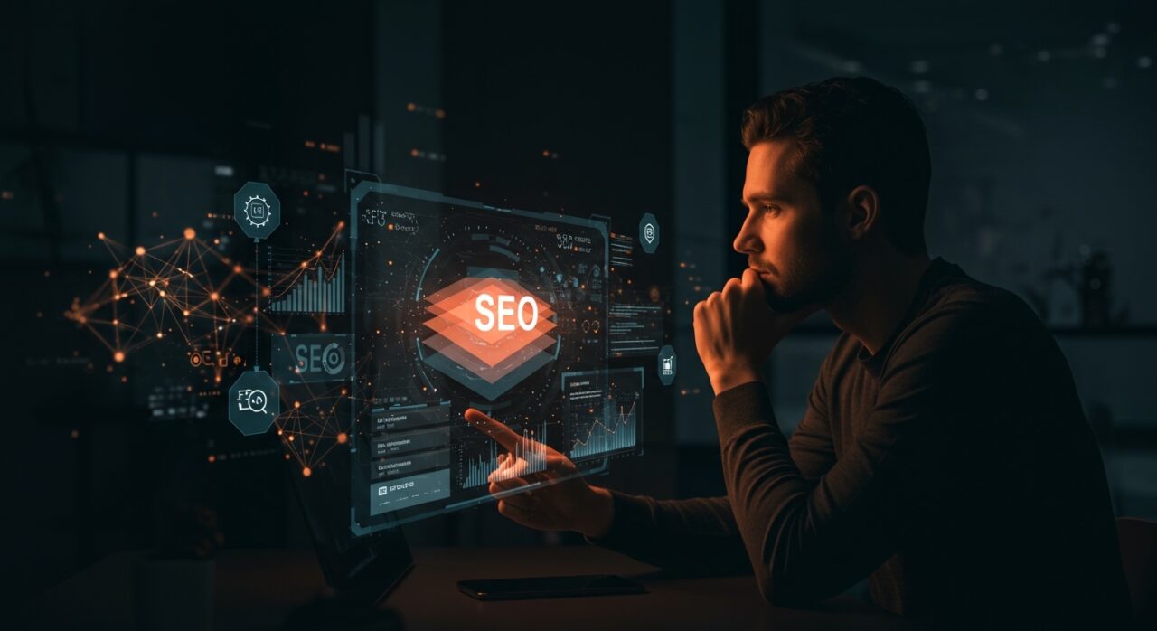 Fundador analizando estrategia SEO con IA generativa y optimización GEO en un entorno digital futurista con paleta de Ecosistema Startup.
