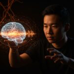 Phoenix Peng interactuando con holograma cerebral en ultrasonido para BCI no invasivo, ilustrando la innovación y financiación de Gestala en neurotecnología.