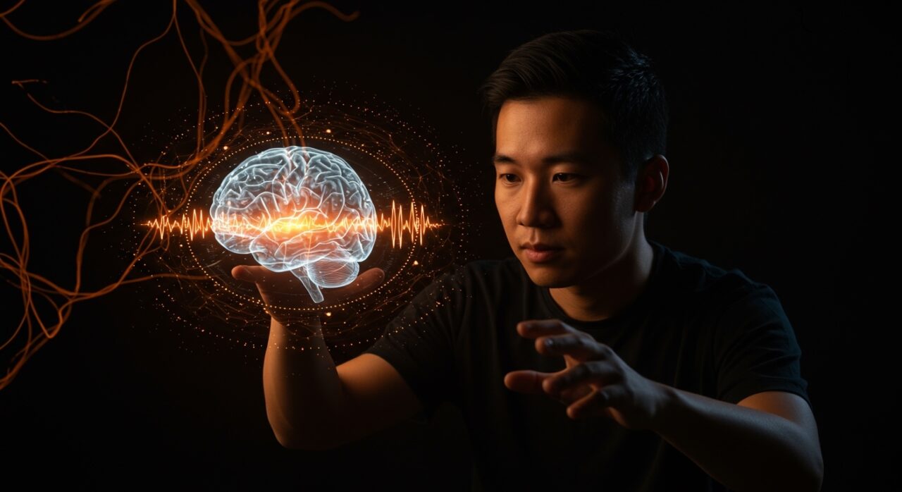 Phoenix Peng interactuando con holograma cerebral en ultrasonido para BCI no invasivo, ilustrando la innovación y financiación de Gestala en neurotecnología.