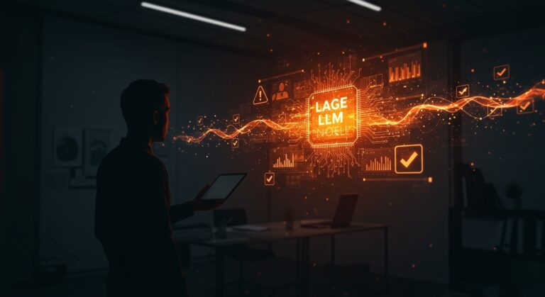 Founder evaluando riesgos y confianza en modelos de lenguaje grandes (LLM) para proteger su startup con verificación y mejores prácticas en IA.