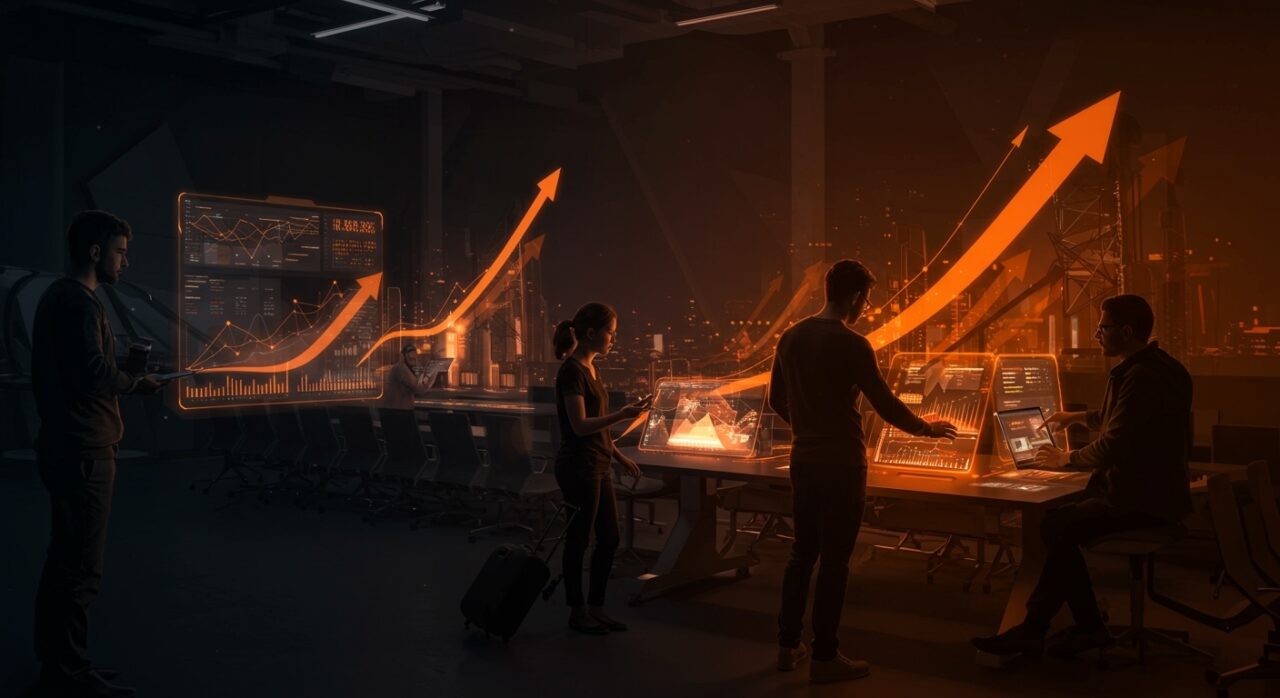 Startup de travel tech colaborando en una interfaz futurista de tecnología aeroportuaria con símbolos de inversión y crecimiento de capital venture.