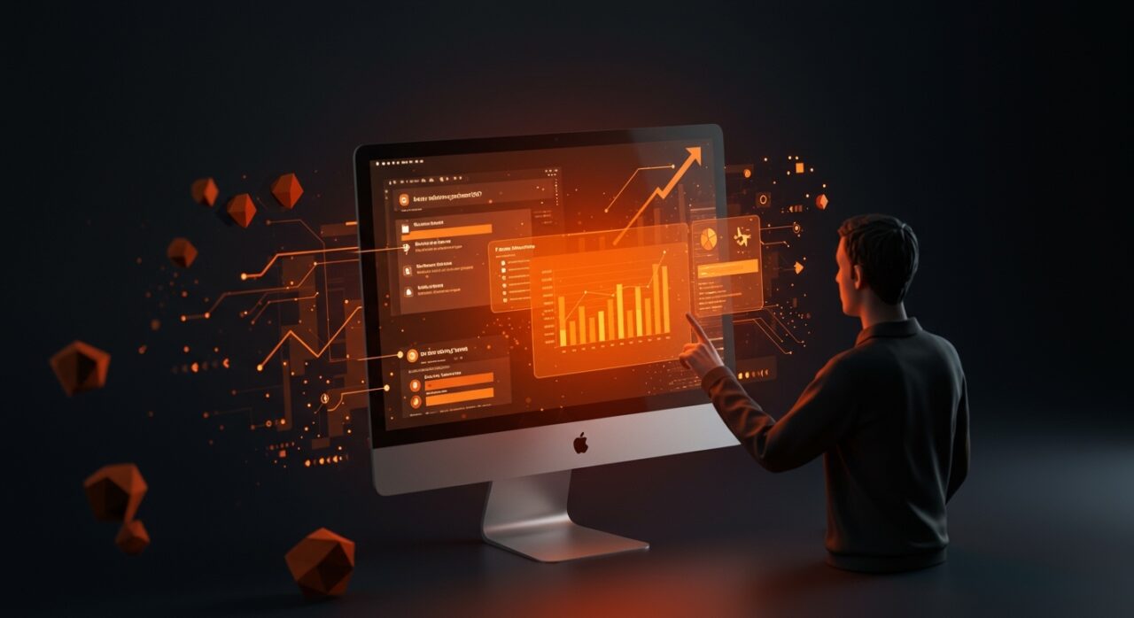 Interfaz de la barra de menú de macOS mostrando automatización y productividad con temática en naranja y negro para founders tech.