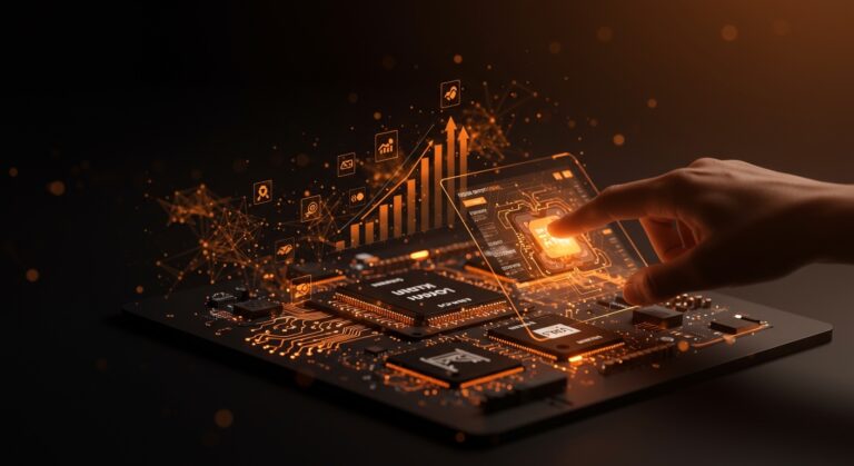 Hardware multi-vendor con chips NVIDIA, AMD, Intel y redes neuronales abstractas representando automatización de IA y financiación en startups tecnológicas.