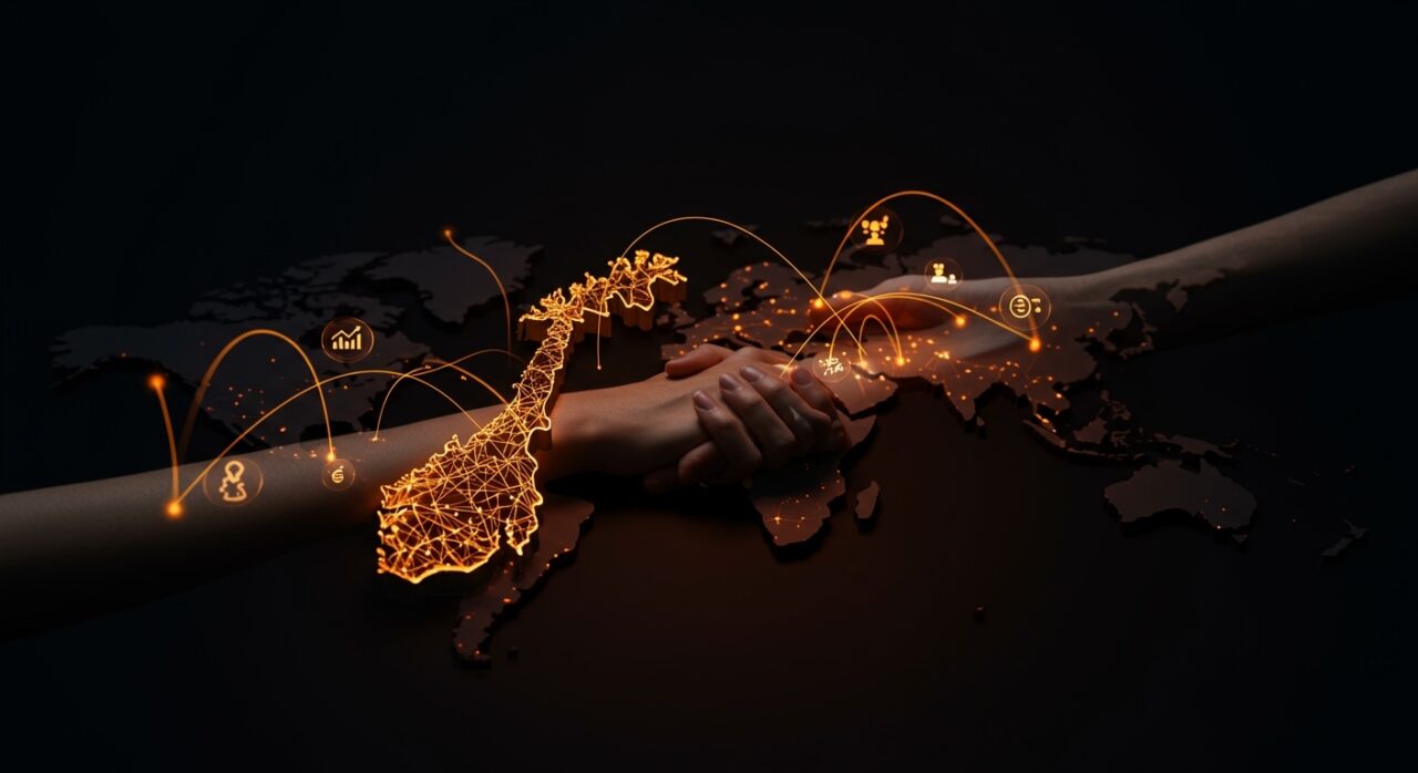 Paisajes nórdicos y manos unidas simbolizan el giro geopolítico de Islandia, Noruega y Suiza hacia la Unión Europea en el contexto de startups y energía.