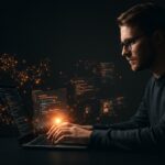 Desarrollador en startup tech utilizando Git-memento para trazabilidad de código IA en commits con visualización de inteligencia artificial y automatización CI/CD.