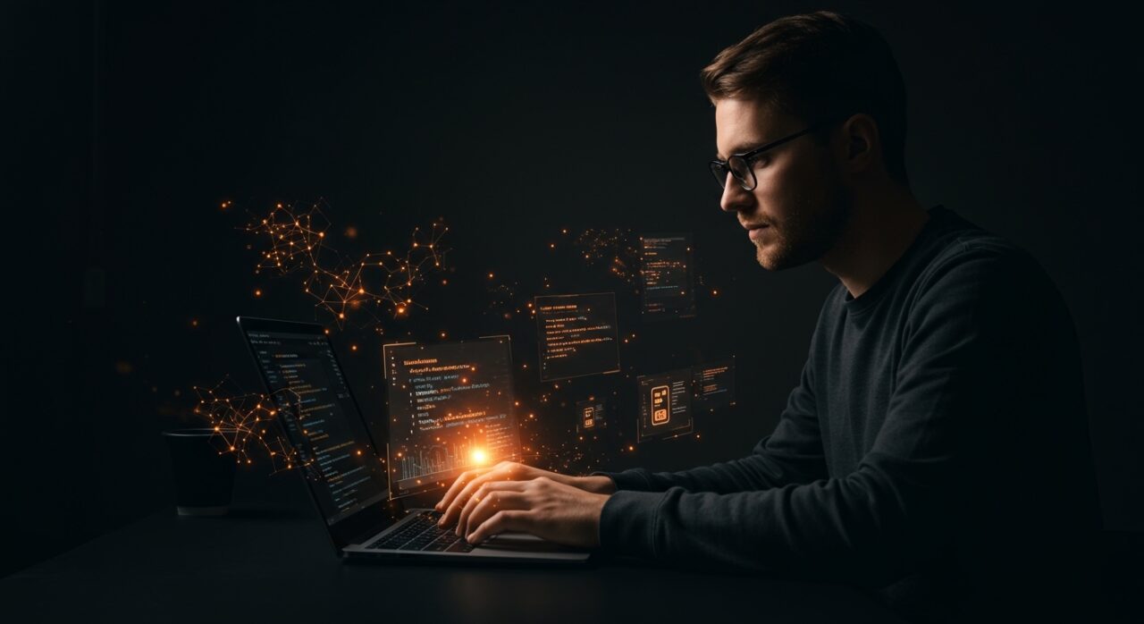 Desarrollador en startup tech utilizando Git-memento para trazabilidad de código IA en commits con visualización de inteligencia artificial y automatización CI/CD.
