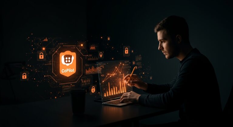 GitHub Copilot y la nueva política de datos mostrando un desarrollador interactuando con datos holográficos y conceptos de privacidad y IA aplicada en un entorno digital.