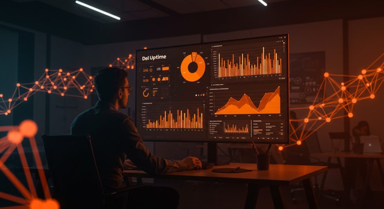 Founder tecnológico analizando métricas de uptime de GitHub en un entorno futurista, simbolizando fiabilidad e infraestructura para startups.