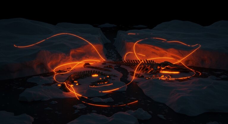 Glaciar ártico partido revelando huesos prehistóricos de ballenas, simbolizando el impacto del cambio climático y avances en paleontología en Franz Josef Land.
