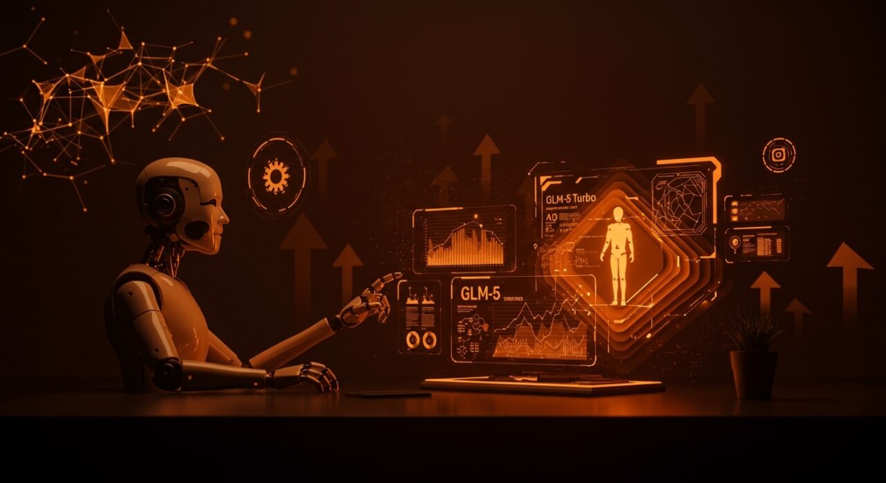 Interfaz futurista de agente IA con GLM-5 Turbo mostrando procesamiento avanzado en entorno tecnológico de vanguardia.