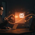 Usuario de Gmail cambiando dirección de email en un entorno digital innovador con estética de tecnología y startups.