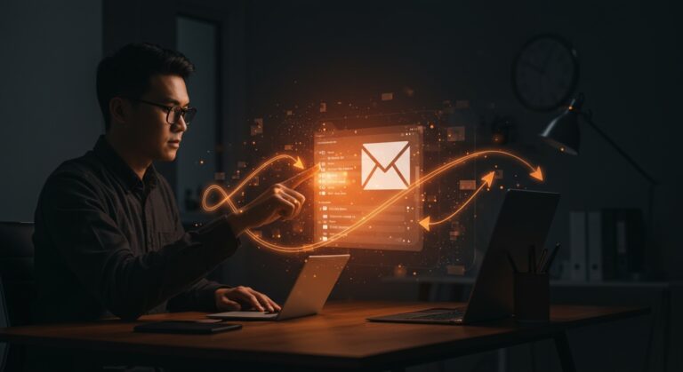 Usuario de Gmail cambiando dirección de email en un entorno digital innovador con estética de tecnología y startups.
