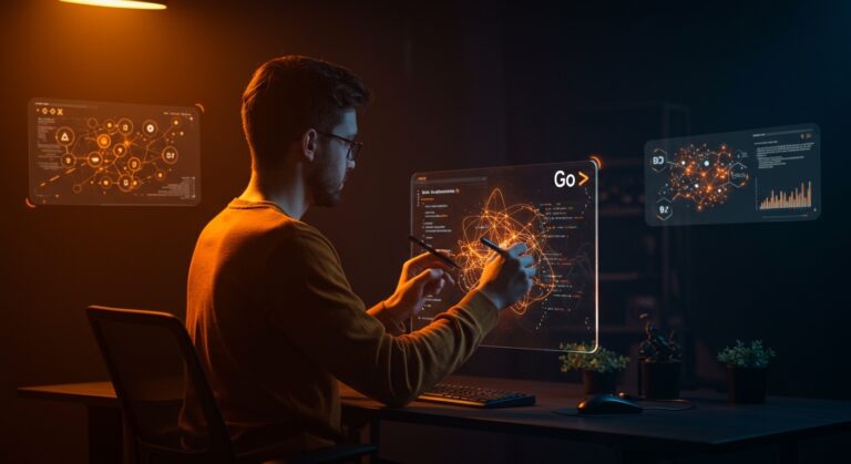 Desarrollador programando agentes de IA en Go con visualizaciones de concurrencia y compilación multiplataforma en estilo editorial cinematográfico.