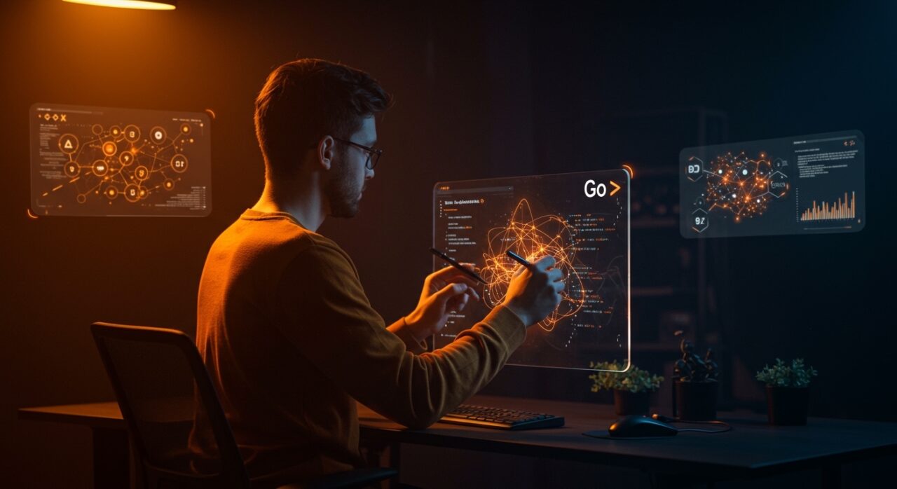 Desarrollador programando agentes de IA en Go con visualizaciones de concurrencia y compilación multiplataforma en estilo editorial cinematográfico.