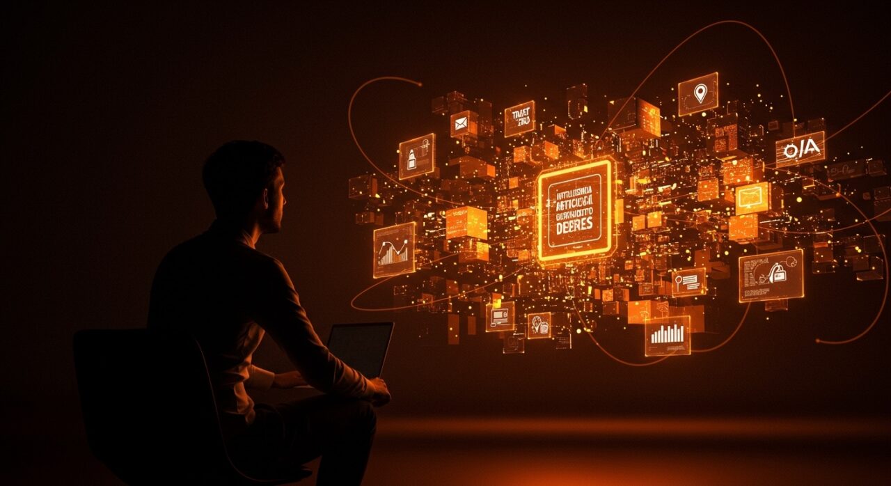 Gobernanza de IA en ciberseguridad 2026 con fundador analizando redes digitales y arquitectura zero trust en tonos Ecosistema Startup.