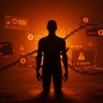 Imagen editorial que muestra la criminalización de inmigrantes en redes sociales por parte del gobierno de EEUU con elementos de vigilancia digital y comunicación gubernamental.