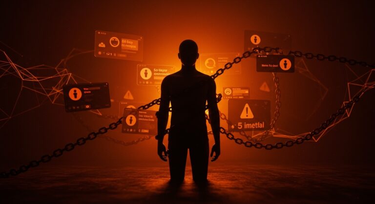 Imagen editorial que muestra la criminalización de inmigrantes en redes sociales por parte del gobierno de EEUU con elementos de vigilancia digital y comunicación gubernamental.