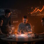 Cinco startups IA seleccionadas por Google y Accel colaborando en una interfaz digital, representando innovación real y ecosistema startup de inteligencia artificial.