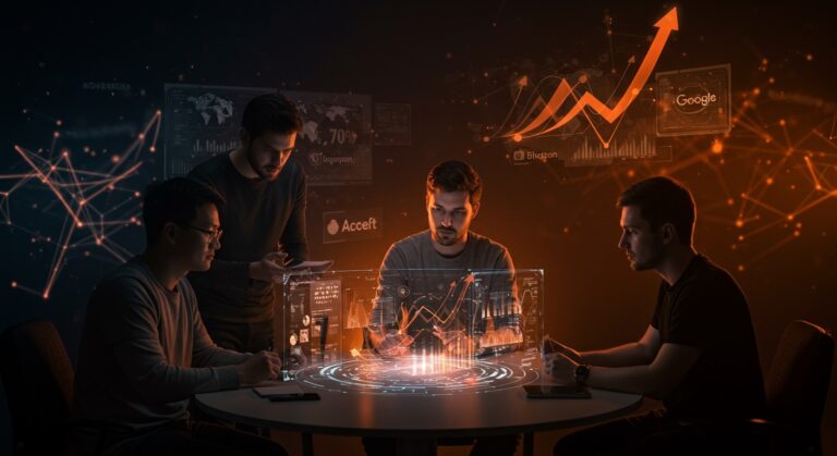 Cinco startups IA seleccionadas por Google y Accel colaborando en una interfaz digital, representando innovación real y ecosistema startup de inteligencia artificial.