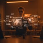 Fundador de startup tecnológico utilizando asistente de búsqueda AI multilenguaje de Google con interfaz de automatización en entorno moderno.