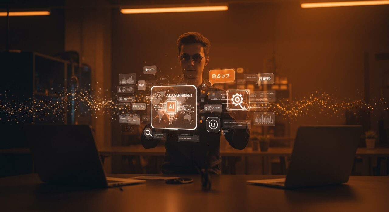 Fundador de startup tecnológico utilizando asistente de búsqueda AI multilenguaje de Google con interfaz de automatización en entorno moderno.