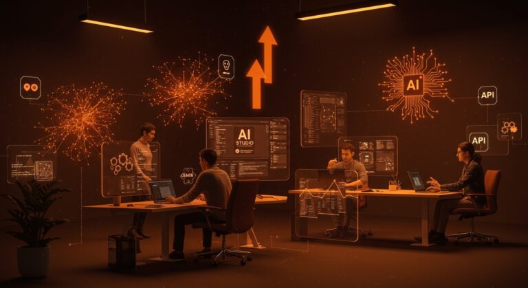 Fundadores usando Google AI Studio para crear aplicaciones y automatizar tareas con inteligencia artificial sin programar en un entorno de innovación startup.