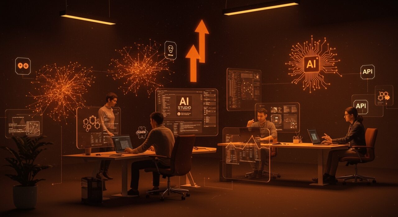 Fundadores usando Google AI Studio para crear aplicaciones y automatizar tareas con inteligencia artificial sin programar en un entorno de innovación startup.