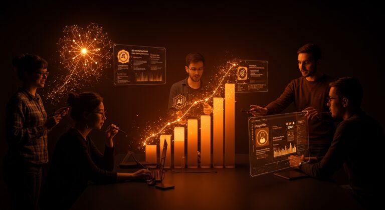 Formación en IA con profesionales europeos colaborando en entornos digitales, representando la inversión de Google para certificación y habilidades en inteligencia artificial.