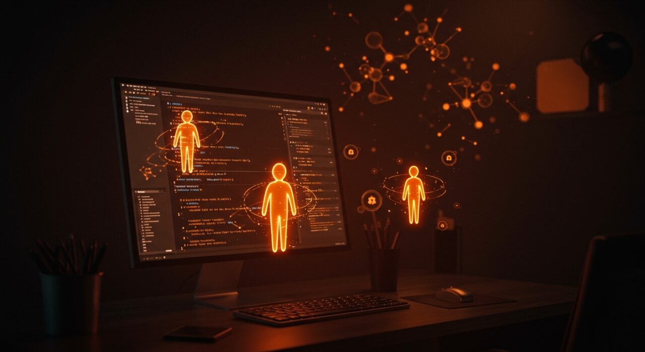 Interfaz futurista del IDE Google Antigravity con agentes autónomos de IA y modelos Gemini para automatización de desarrollo de software.