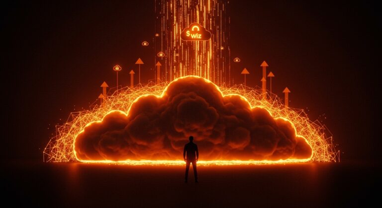 Adquisición de Wiz por Google simbolizada con una silueta de líder frente a un paisaje digital de ciberseguridad en la nube con colores naranja y negro del ecosistema startup.