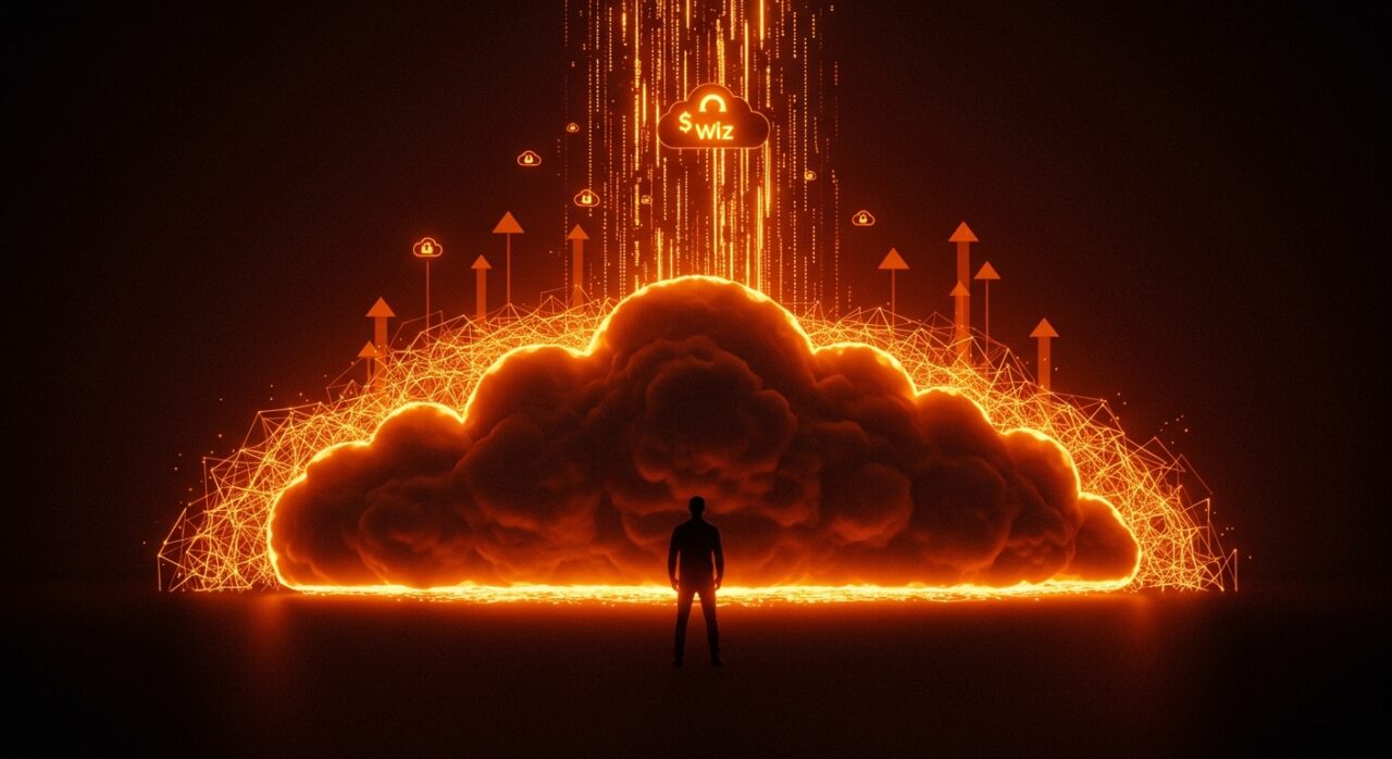 Adquisición de Wiz por Google simbolizada con una silueta de líder frente a un paisaje digital de ciberseguridad en la nube con colores naranja y negro del ecosistema startup.