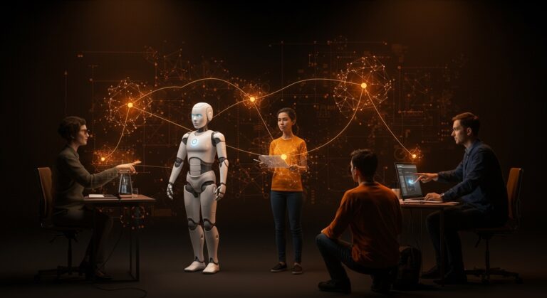 Robot de Google DeepMind colaborando con startups en un entorno de innovación en robótica y AI aplicada en LATAM.