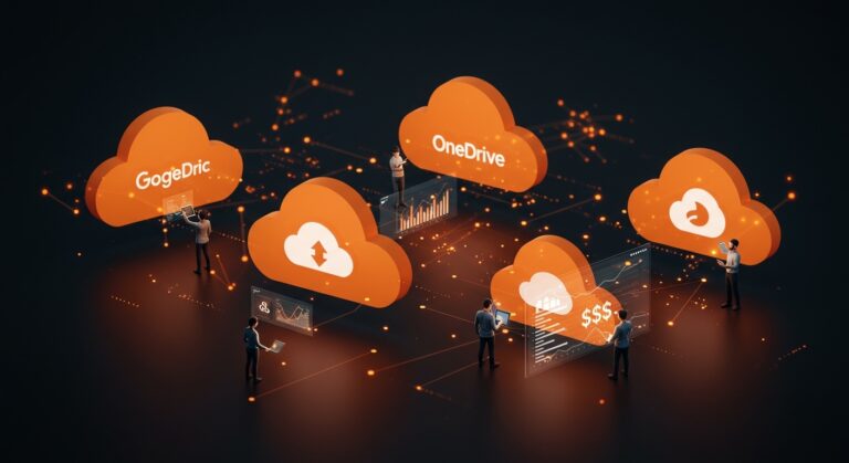 Comparativa visual de Google Drive, OneDrive, Dropbox e iCloud para startups, destacando integración, precio y productividad en almacenamiento en la nube.