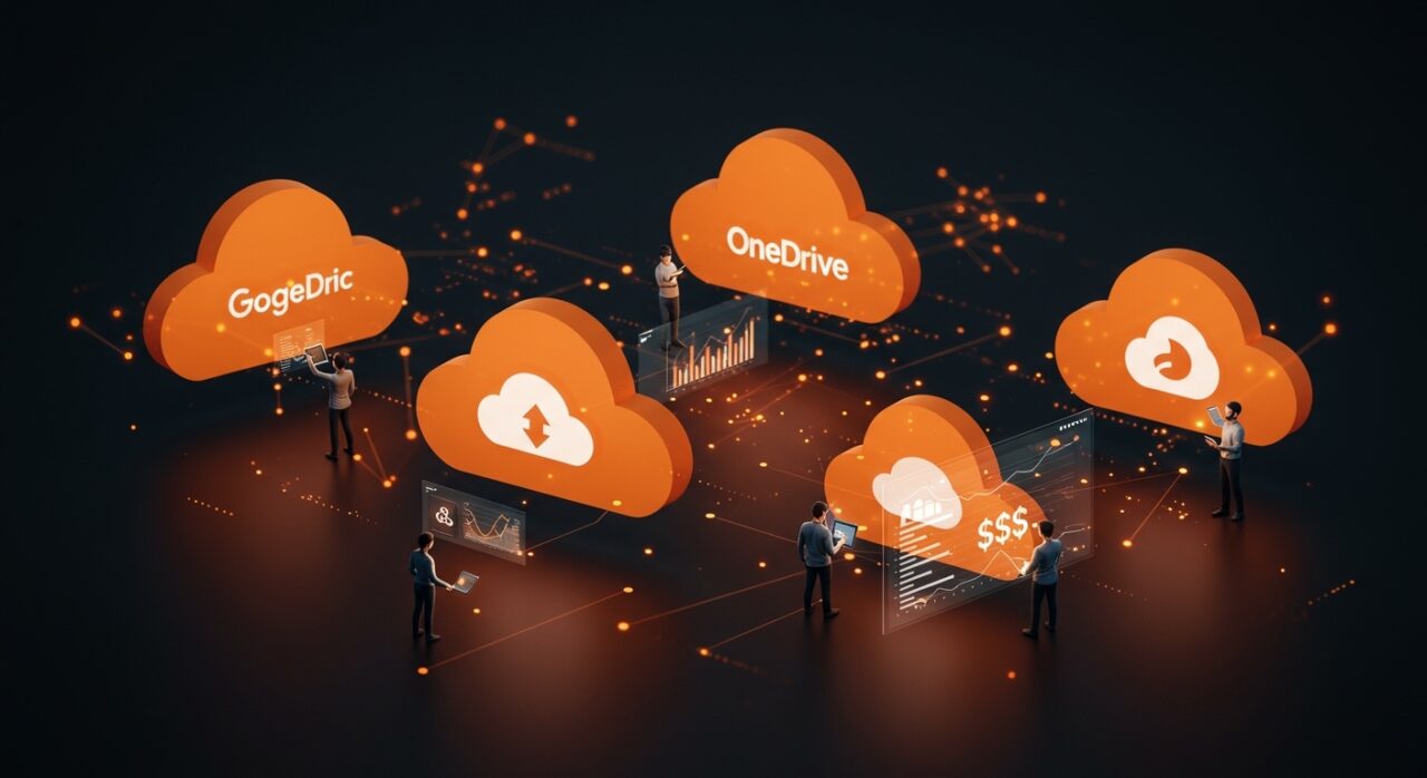 Comparativa visual de Google Drive, OneDrive, Dropbox e iCloud para startups, destacando integración, precio y productividad en almacenamiento en la nube.