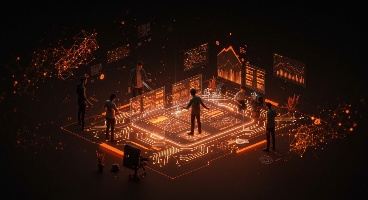 Google Gemini Canvas mostrando una colaboración entre emprendedores para crear proyectos y apps con inteligencia artificial en un entorno tecnológico innovador.