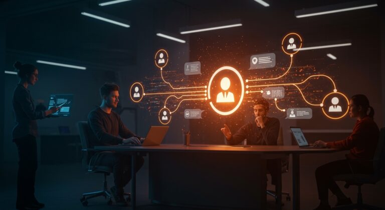 Ilustración futurista de transferencia de chats entre chatbots hacia Google Gemini, mostrando innovación en IA aplicada para startups y equipos tecnológicos.