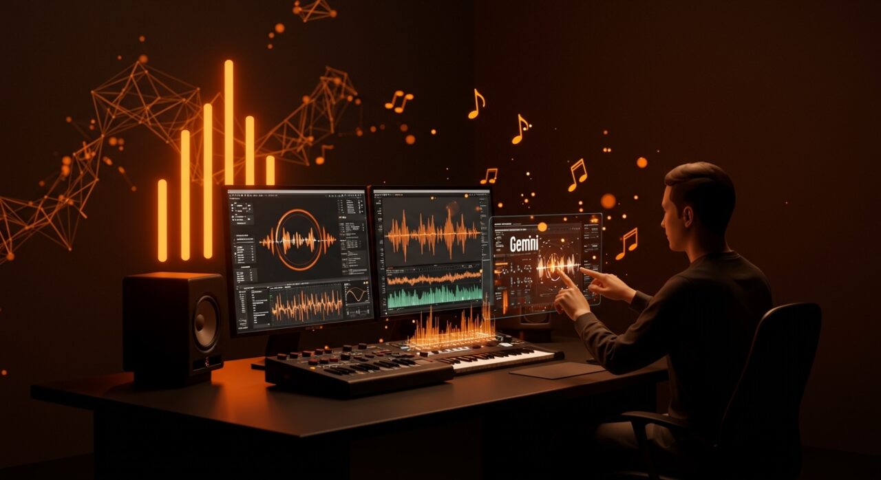 Interfaz futurista de generación musical con IA Lyria 3 Pro de Google, mostrando personalización y oportunidades para startups tecnológicas.