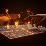 Interfaz digital futurista de Google Maps con Gemini AI respondiendo preguntas complejas, mostrando innovación en navegación y tecnología para startups.