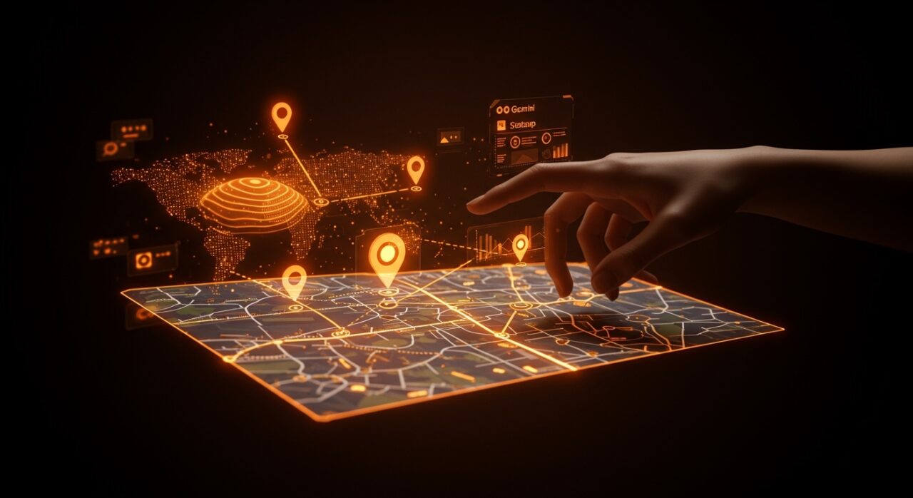 Interfaz digital futurista de Google Maps con Gemini AI respondiendo preguntas complejas, mostrando innovación en navegación y tecnología para startups.