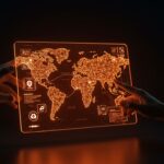 Interacción futurista con mapa 3D inmersivo de Google Maps usando Gemini IA para navegación y consultas en lenguaje natural.