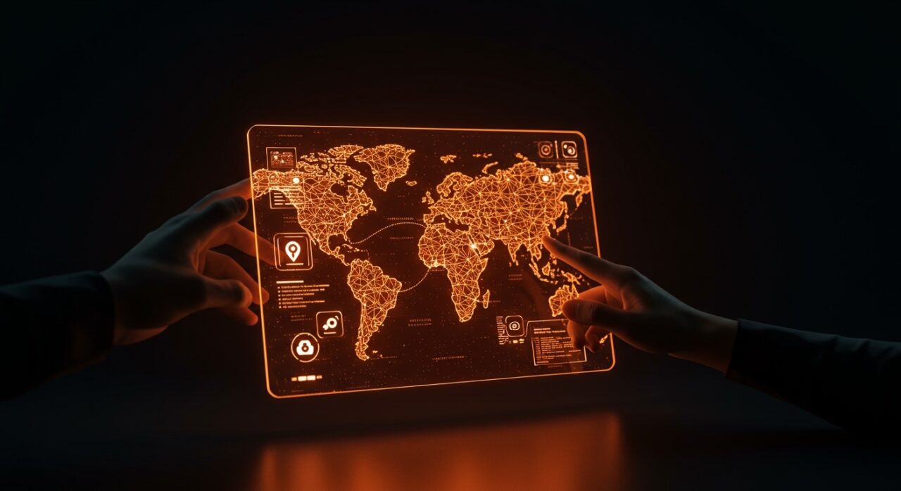 Interacción futurista con mapa 3D inmersivo de Google Maps usando Gemini IA para navegación y consultas en lenguaje natural.