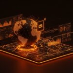 Interfaz futurista de Google Maps con IA mostrando navegación inmersiva y Ask Maps impulsado por Gemini en un entorno digital avanzado.