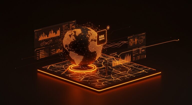 Interfaz futurista de Google Maps con IA mostrando navegación inmersiva y Ask Maps impulsado por Gemini en un entorno digital avanzado.