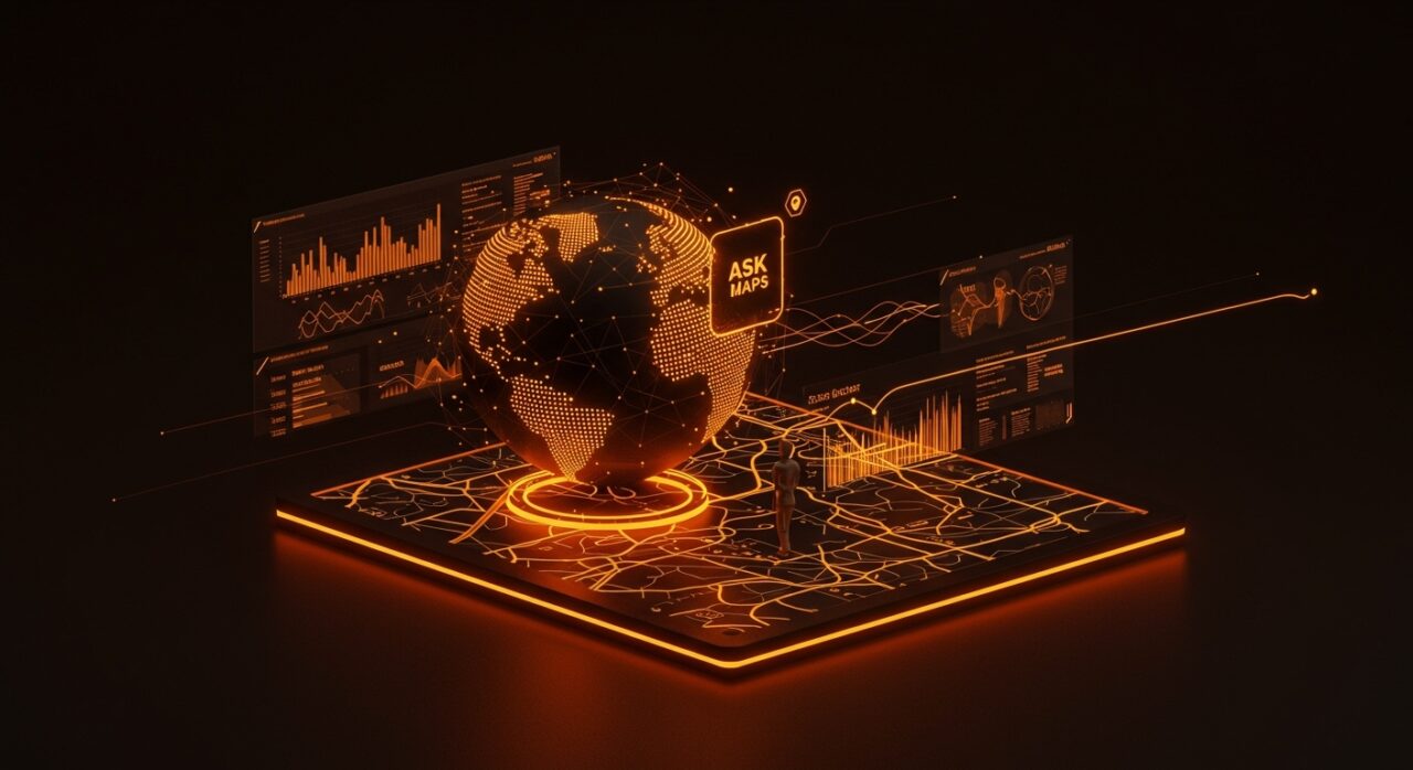 Interfaz futurista de Google Maps con IA mostrando navegación inmersiva y Ask Maps impulsado por Gemini en un entorno digital avanzado.