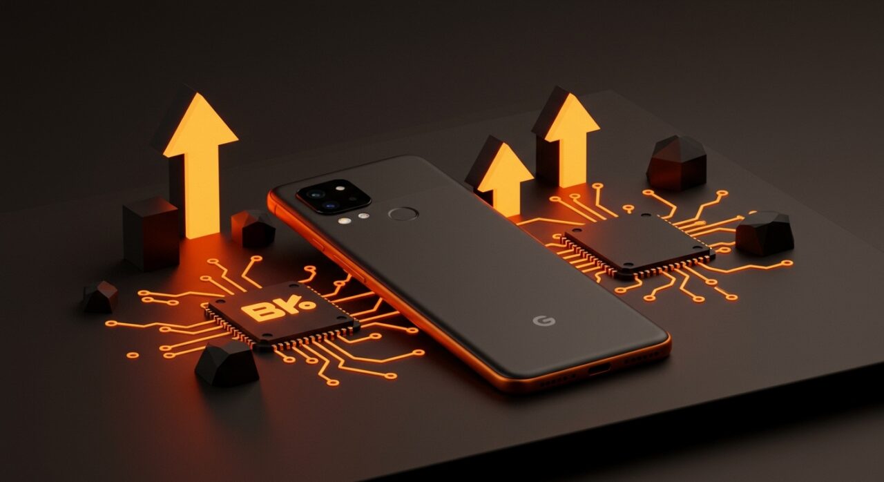 Google Pixel 10a en primer plano con iluminación naranja característica, destacando su innovación tecnológica y oferta en MediaMarkt para startups.