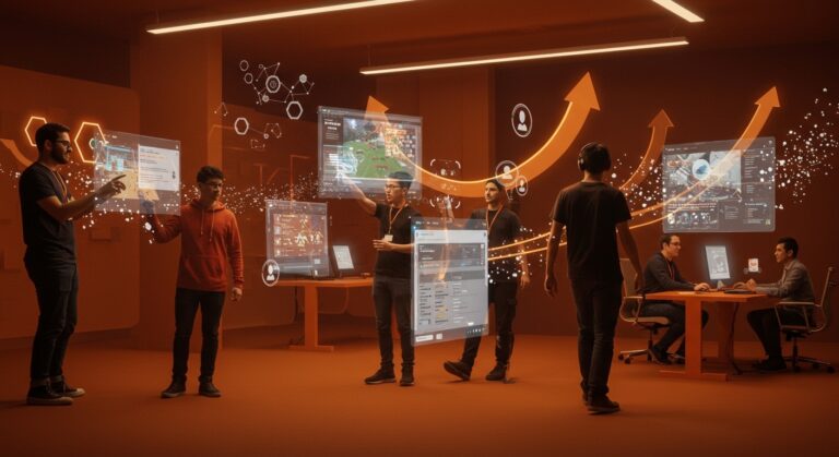 Lanzamiento de PC Games on Play y game trials en Google Play 2026 con desarrolladores interactuando en un entorno tecnológico futurista.