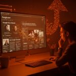 Imagen conceptual de Google Search con titulares generados por IA y un fundador tecnológico analizando tendencias en Google Discover, destacando la automatización y avances en inteligencia artificial.